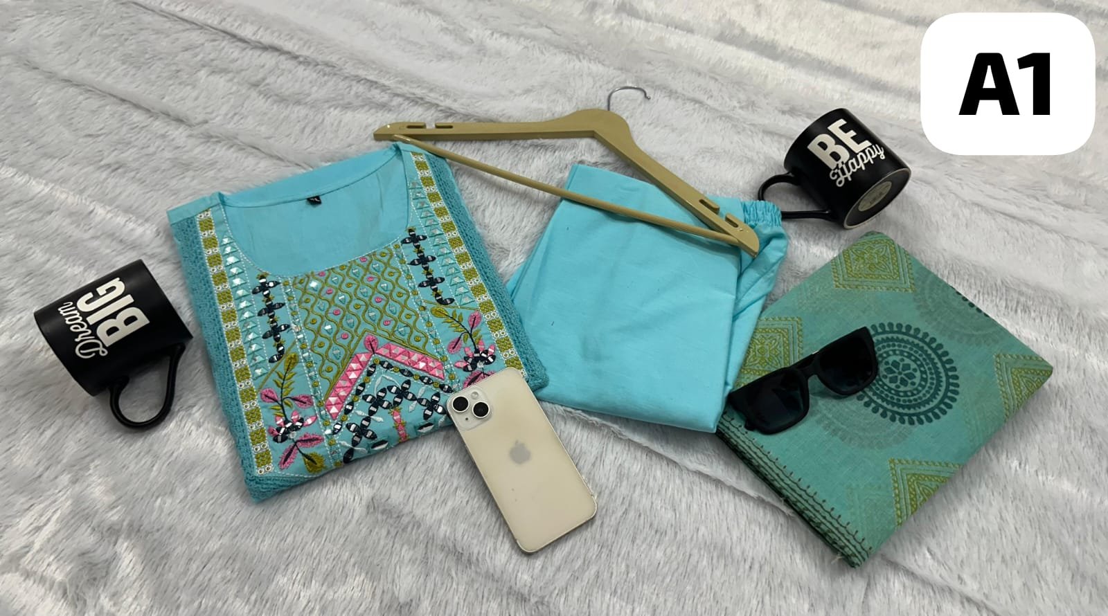 Embroidered Cotton Kurti Palazzo Dupatta Set